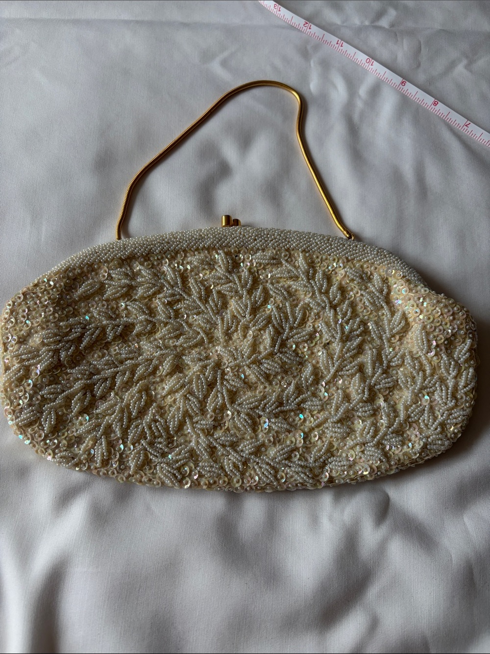 Elegant Cream Beaded Evening Clutch with Gold Handle - Picture 3 of 5